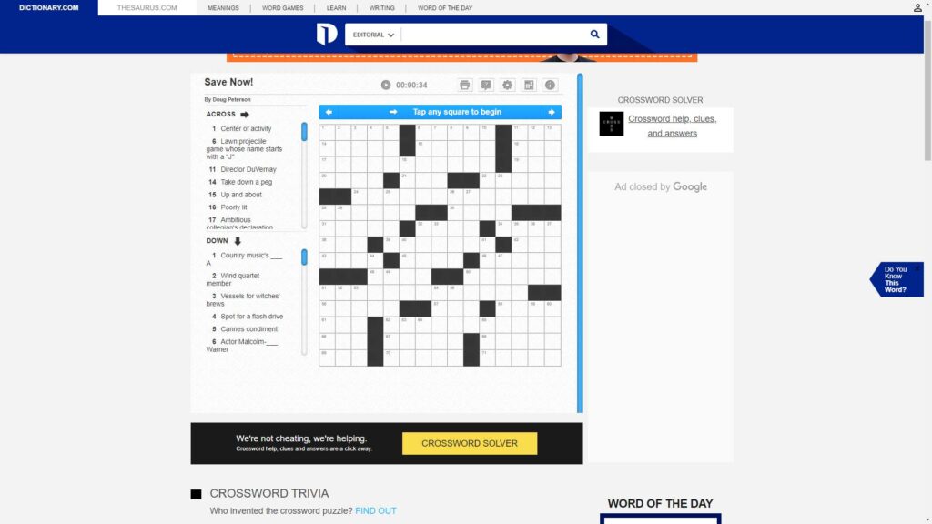 Online CrossWord Puzzle Game Dictionary.com you should try